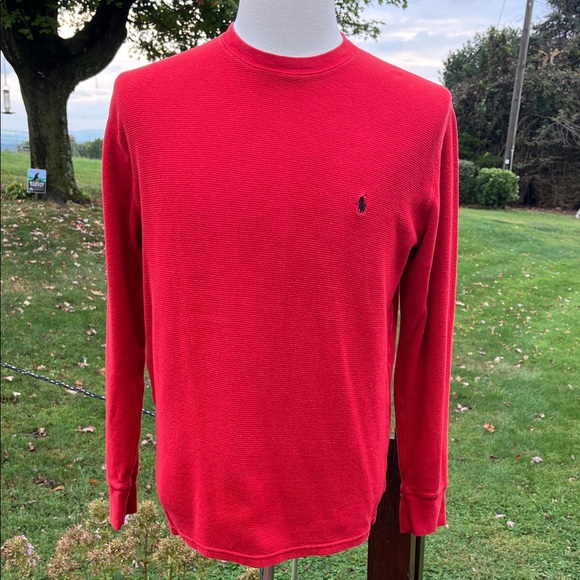 Polo Ralph Lauren Red Waffle Knit Cotton Long Sleeve Tee Shirt Men's Size Large - Picture 1 of 7